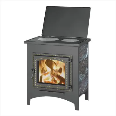 Фото Печь-Камин ВЕЗУВИЙ ПК-04 (240) с плитой, амфиболит 12 кВт (200 м3) Ø115мм в магазине Woodson