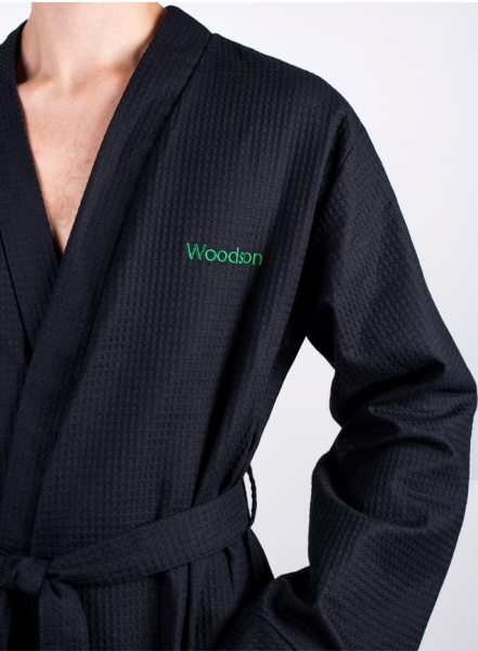 Халат Woodson, вафельный с планкой, р.50-52, чёрный